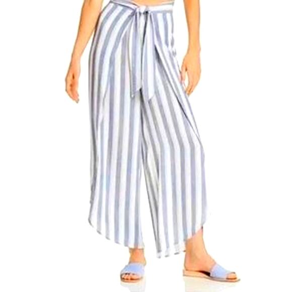 Aqua Blue Striped Flowy Crepe Pants Size S - Picture 1 of 12